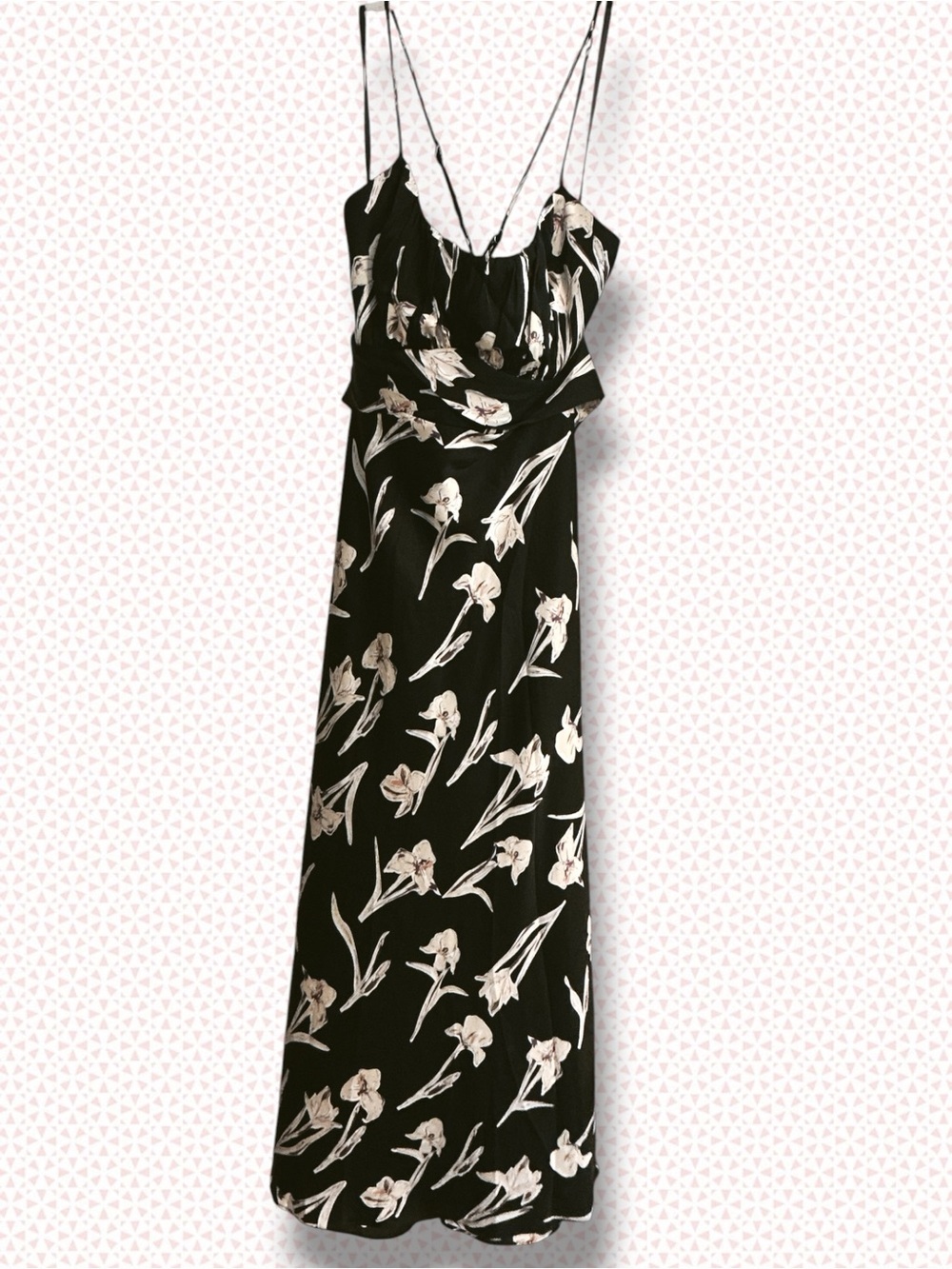 🌼NWT-Selfie Leslie Black Floral Slip Crisscross Back Maxi Dress with Pink Blooms